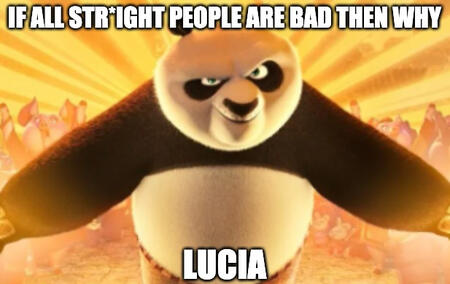 image of po from kungfu panda. the text reads: "if all straight people are bad then why lucia". the word "straight" is censored.