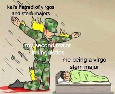 a soldier deflecting bullets. the text refers to me having a linguistics major, blocking the hatred of virgo and stem majors
