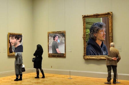 edited image of people in an art museum gallery. all the paintings are edited to be various pictures of logan lerman.